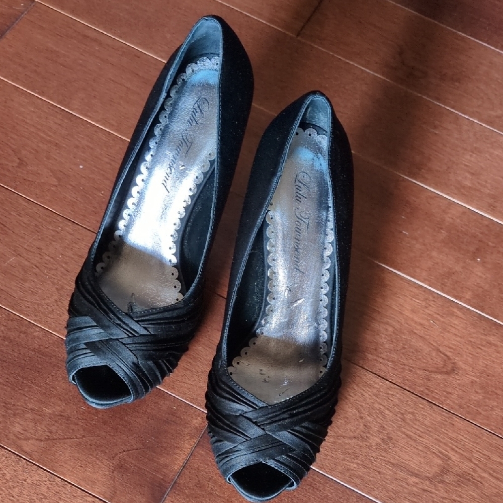 Lulu Townsend Black Satin Peep-Toe Heels